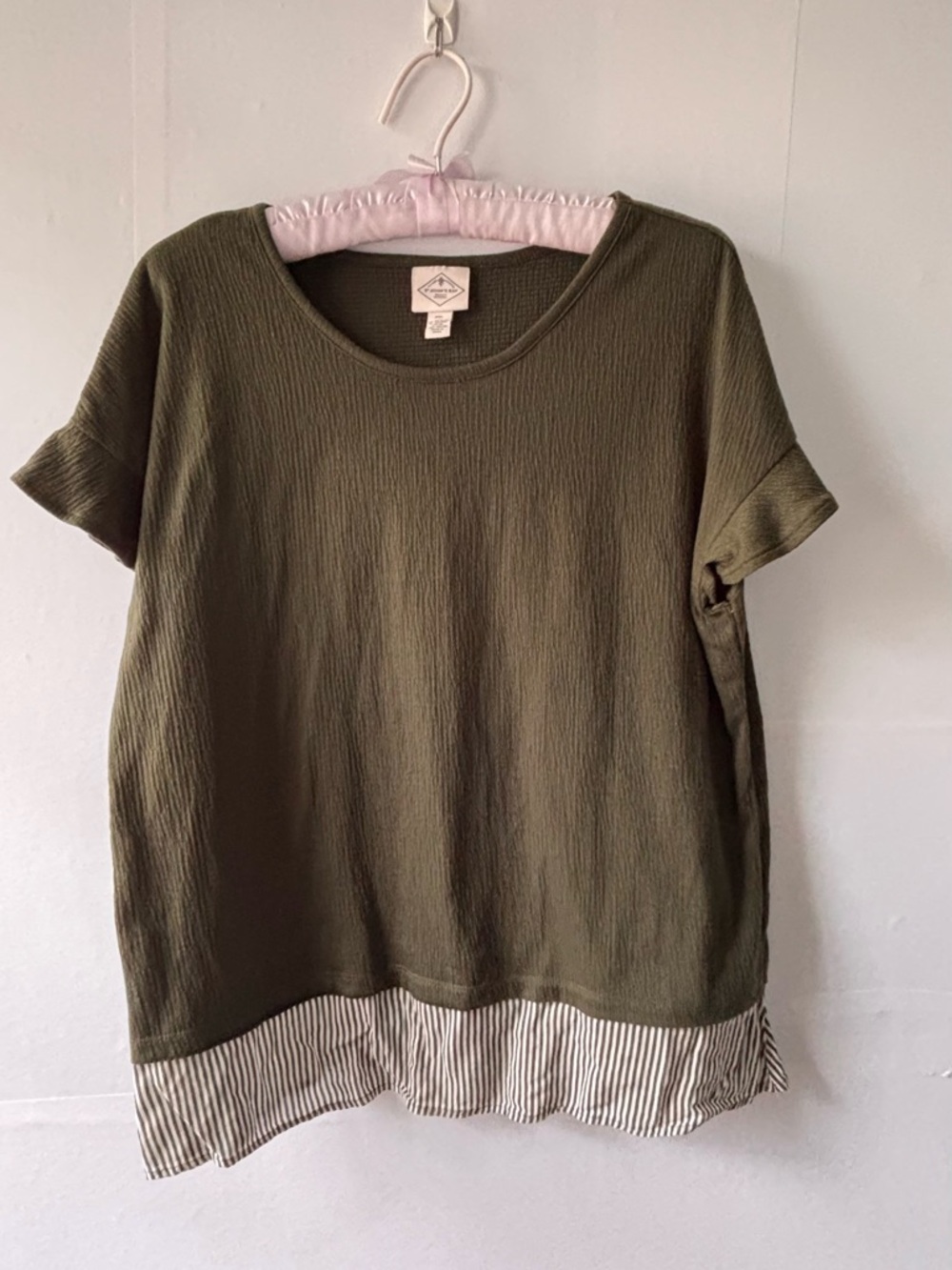 St. John's Bay Olive Short-Sleeve Top with Striped Hem SZ Petite XL